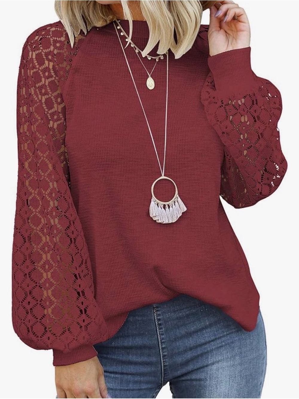 Lace Sleeve Waffle Knit Top in Red
